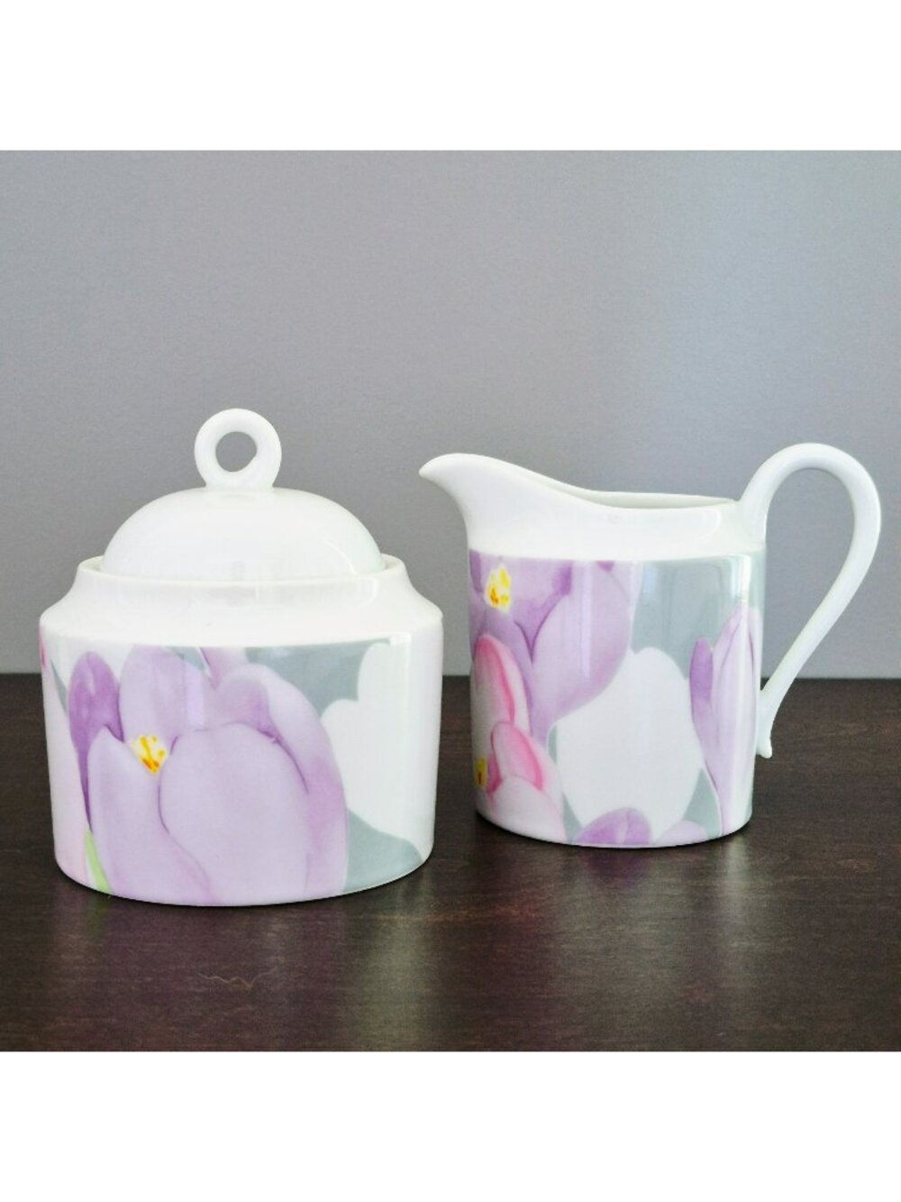 Mikasa Spring Crocus Sugar Bowl & Creamer, Pink & Purple Floral, c.1984-87 Japan